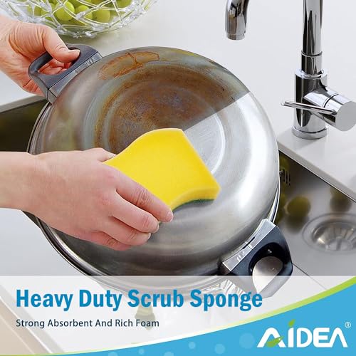 AIDEA Sponges Kitchen, 24 Pack Heavy Duty Dish Sponge, Cleaning Dish Scrubber Sponge for Home and Kitchen, Stink-Free Cleaning Supplies for Pots, Pans - size: 24 Count (Pack of 1), style: Yellow-S Shape