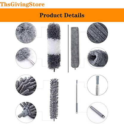 4PCS Ceiling Fan Duster with Extension Pole 16-98'', Microfiber Dust Brush + Gap Mop + Chenille Duster + Retractable Pole, Bendable Washable Feather Dusters for Cleaning Ceilings, Wall and Car