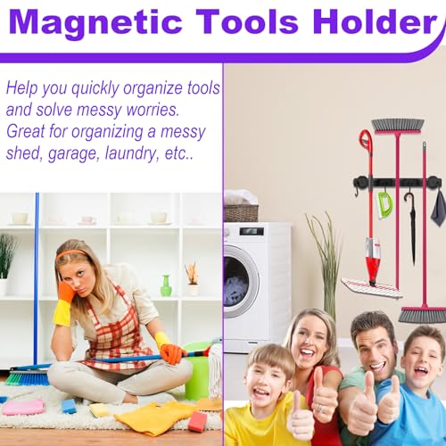 Heavy Duty Magnetic Mop Broom Holder, Srtong Magnetic Utensil Rack with 5 Hooks