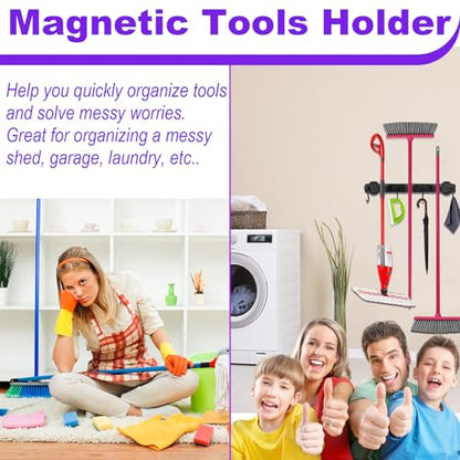 Heavy Duty Magnetic Mop Broom Holder, Srtong Magnetic Utensil Rack with 5 Hooks