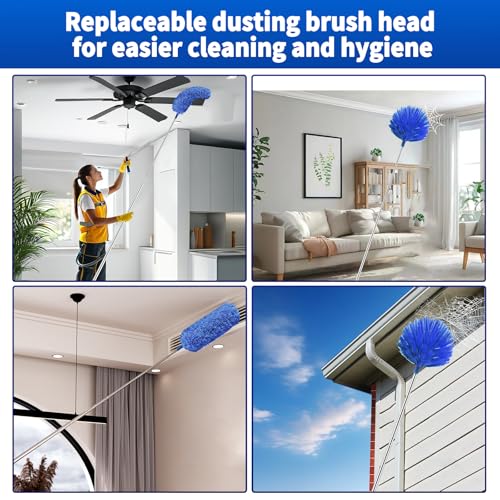Cobweb Duster with Extension Pole, Washable Cleaning Duster Set with 2 Duster Heads, Spider Web Brush with Pole,high Ceiling Duster with Extension Pole,Cleaning Supplies,Ceiling Fan Cleaner