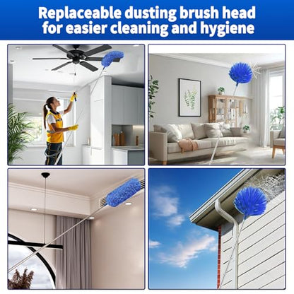 Cobweb Duster with Extension Pole, Washable Cleaning Duster Set with 2 Duster Heads, Spider Web Brush with Pole,high Ceiling Duster with Extension Pole,Cleaning Supplies,Ceiling Fan Cleaner