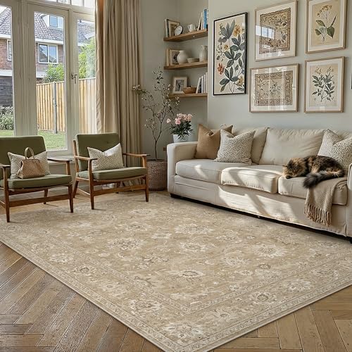 HUGEAR 5x7 Area Rug Machine Washable Light Brown Vintage Rug Room Decor Distressed Living Room Rugs Non Slip Low Pile Soft Carpet for Bedroom Office Dining Room Soft Lightweight - color: Light Brown, size: 5' x 7' (Rectangular)