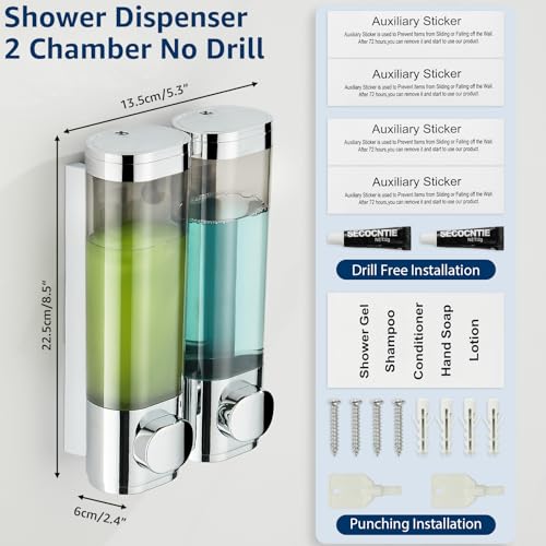 Pollock Shampoo and Conditioner Dispenser Wall Mounted, Shower Soap Dispenser 2 Chamber No Drill, Shampoo Dispenser for Shower, Body Wash Dispenser for Bathroom, Large Capacity, (Silver DG2 Chamber) - color: Silver Dg2 Chamber
