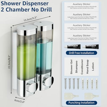 Pollock Shampoo and Conditioner Dispenser Wall Mounted, Shower Soap Dispenser 2 Chamber No Drill, Shampoo Dispenser for Shower, Body Wash Dispenser for Bathroom, Large Capacity, (Silver DG2 Chamber) - color: Silver Dg2 Chamber