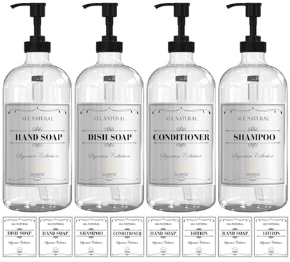 Sunrise Premium 16 OZ Clear Glass Soap Dispenser with Pump, Hand and Dish Soap Dispenser Set for Bathroom with 12 Waterproof Labels, Pack 4 - color: Black Plastic Pump - Clear Glass 4pcs