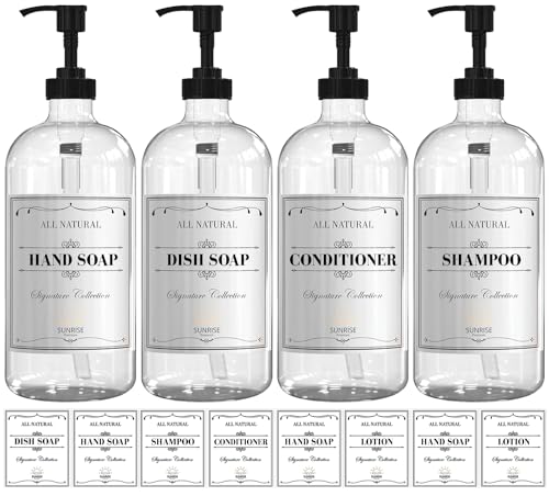 Sunrise Premium 16 OZ Clear Glass Soap Dispenser with Pump, Hand and Dish Soap Dispenser Set for Bathroom with 12 Waterproof Labels, Pack 4 - color: Black Plastic Pump - Clear Glass 4pcs