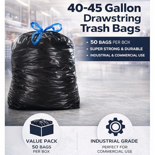 (50 Count) 44 Gallon Trash Bags with Drawstring, Heavy Duty Fits 40-45 Gallon Bins, 1.2 Mil Industrial Strength for Janitorial, Hotels & Commercial Kitchen Waste-Multipurpose use-By Interplas.