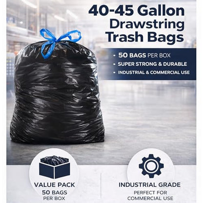 (50 Count) 44 Gallon Trash Bags with Drawstring, Heavy Duty Fits 40-45 Gallon Bins, 1.2 Mil Industrial Strength for Janitorial, Hotels & Commercial Kitchen Waste-Multipurpose use-By Interplas.
