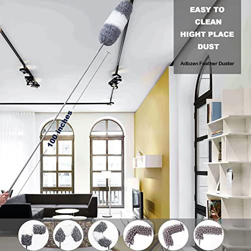 Duster Household Cleaning Supplies Kit 16pcs Microfiber Feather Duster 100in Extension Pole Reusable Bendable Cobweb Duster Window High Ceiling Fan Gap Cleaner