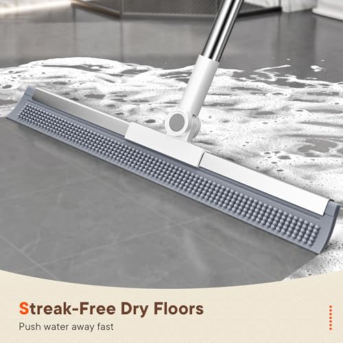 Floor Squeegee Broom with Rubber Scrubbing Teeth, 2-in-1 Magic Broom with 58 Inch Telescopic Handle, Wide Shower Floor Squeegee for Bathroom, Garage, Kitchen, Tile, Concrete, Pet Hair and Water