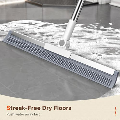 Floor Squeegee Broom with Rubber Scrubbing Teeth, 16 Inch 2-in-1 Magic Broom with 54 Inch Telescopic Long Handle, Shower Floor Squeegee for Bathroom, Kitchen, Tile, Concrete, Pet Hair
