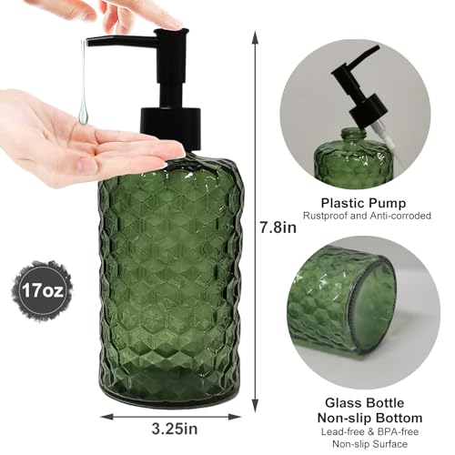 Green Glass Soap Dispenser with Plastic Pump, 17oz Hand Soap Dispenser for Kitchen & Bathroom, Great for Lotions, Essential Oil, Liquid Soaps - color: Green