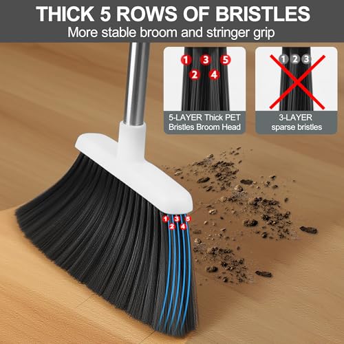 Broom and Dustpan Set for Home, 52-in Long Handle Broom with Dustpan Combo with Dustpan Teeth Easy to Scrape Off Pet Hair, Indoor&Outdoor Sweeping (White) - color: White