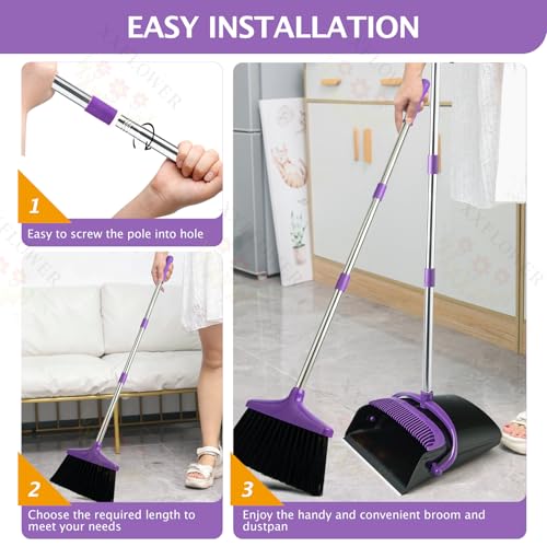 Broom and Dustpan Set with Long Handle, Light Weight Stainless Steel Poles Stand Upright Dustpans with Broom Combo for Home Kitchen Office Pet Dog Hair, 1-Pack (Purple) - color: Purple