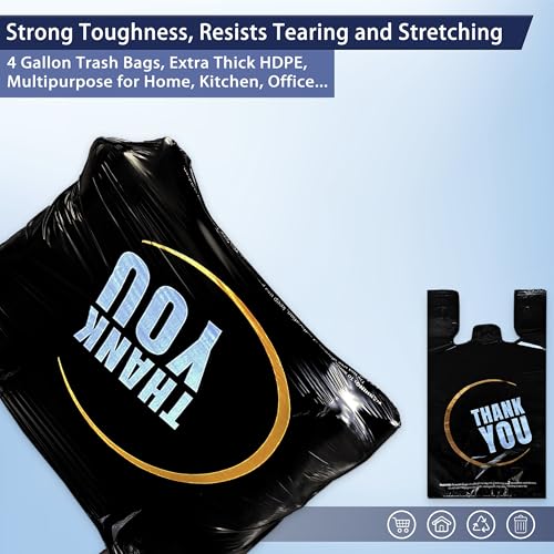 4 Gallon Small Black Trash Bags with Handles 100 Count, 11" x 21" Plastic Garbage Bags for Home, Kitchen, Office, Bathroom Thank You T-Shirt Style Bags for Small Business, Takeout, Grocery Use - style: Black 100