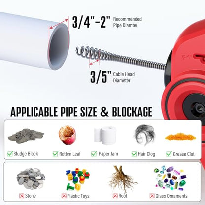 POPULO 20V Cordless Electric Drain Auger-Efficient 25Ft Auto-Feed Drain Snake with Replaceable Cable,2.0Ah Battery,Charger,Storage Bag & Gloves for Kitchen,Bathroom,Shower Pipes (3/4"-2")" - style: 25ft Standard - Red