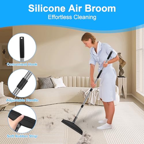 Broom with Dustpan Combo Set and Silicone Air Broom Kit, 51" Long Handle Floor Squeegee, Black Household Kit for Glass Window Rugs Pet Hair Home - color: Black
