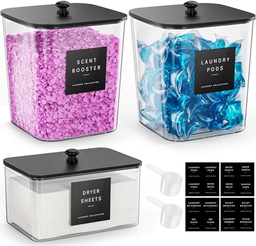 Moforoco 3 Pack Laundry Pods Container, Clear Laundry Room Organization Containers,Large Detergent Powder Storage, Black Wooden Lids & Labels, Acrylic Pods Holder - color: Black, size: 2+1 pack