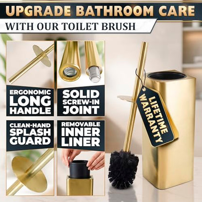 Gold Toilet Brush and Holder Set - Instantly Elevate Your Bathroom Style - Stainless Steel Toilet Bowl Brush and Holder with 2 Rounded Corners, Replaceable Head, Removable Inner Bowl & Splash Guard - color: Gold Squircle