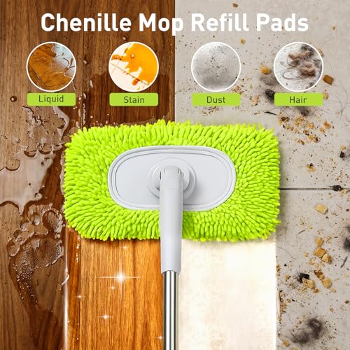 6 Pack Reusable Microfiber Mop Pads Compatible with Sweeper Mops, Replacement Mopping Pads Dry Sweeping Cloths, Washable Chenille Flat Mops Refills for Mopping Floor Cleaning (Mop is not Included) - color: Green