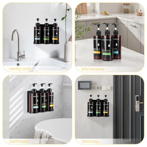 Shampoo and Conditioner Dispenser Set of 3,Shower Soap Dispenser Wall Mounted No Drill,Refillable Shampoo Pump Bottles with Waterproof Labels,Body Wash Dispenser Set for Bathroom,12.85 Oz *3 Chamber
