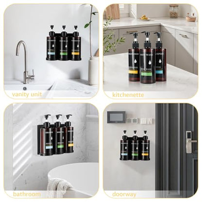 Shampoo and Conditioner Dispenser Set of 3,Shower Soap Dispenser Wall Mounted No Drill,Refillable Shampoo Pump Bottles with Waterproof Labels,Body Wash Dispenser Set for Bathroom,12.85 Oz *3 Chamber