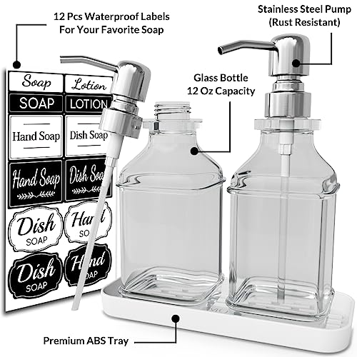 LMQML Soap Dispenser - 2 Pack, Antique Design Thick Glass Hand Soap Dispensers with Sturdy Tray; 304 Rust Proof Stainless Steel Silver Pump, 12Pcs Stickers, for Kitchen, Bathroom - color: Silver