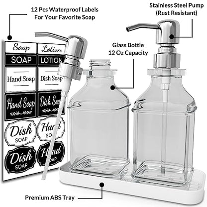LMQML Soap Dispenser - 2 Pack, Antique Design Thick Glass Hand Soap Dispensers with Sturdy Tray; 304 Rust Proof Stainless Steel Silver Pump, 12Pcs Stickers, for Kitchen, Bathroom - color: Silver