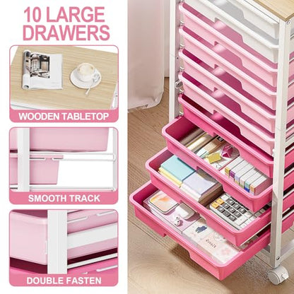SYKIARIOL Rolling Cart with Drawers,10 Drawer Rolling Cart,Storage Cart,Utility Cart,Teacher Cart for Classroom Storage,Craft Cart with Wheels and Wooden Tabletop,Pink - color: Pink