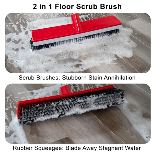15.7 Inch Floor Scrub Brush Removable Stainless Steel Handle 2 in 1 Scrape Brush Stiff Bristle Shower Scrubber for Cleaning Patio Bathroom Garage Kitchen Wall Deck Tub Tile 52.4 inch Tall