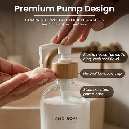 MaisoNovo Glass Hand Soap Dispenser | Dish Soap Dispenser for Kitchen | 16.9oz Clear Bottles with White Bamboo Pump | Bathroom Lotion Dispenser - color: Single Clear Bottle/ White Bamboo Pump