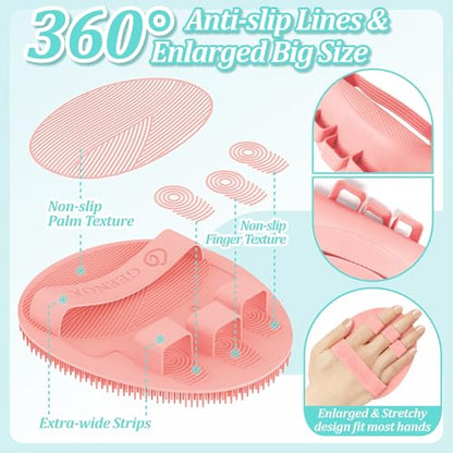 Silicone Back Scrubber & Bath Glove Set 2PCS, 13.4'' Gentle Shower Back Scrubber with Dual-Side Head Non-Slip Handle, 360° Anti-Slip Hand-fit Bath Glove for Rich Foaming Deep Cleaning(Pink) - color: Pink*2