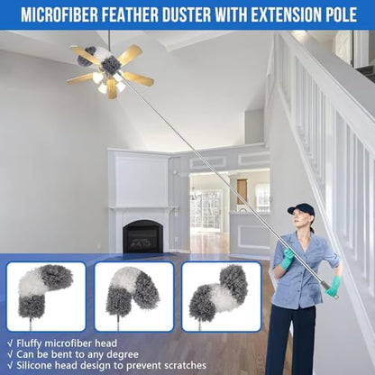Dusters for Cleaning - 9Pcs Feather Duster Extendable Pole Up to 100'', Microfibre Feather Duster Bendable Washable Long Duster for Cleaning Ceiling Chandelier High Ceiling Furniture - color: 9pcs