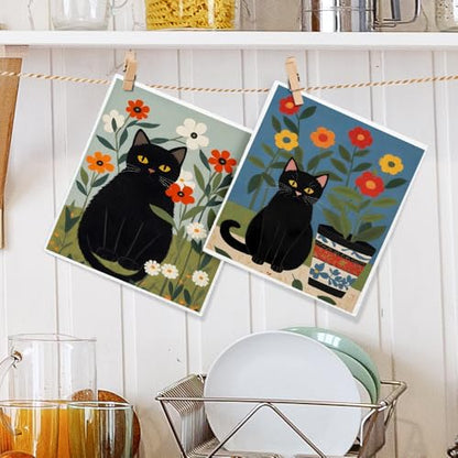 Floral Black Cat Swedish Dishcloths 2 Pack, Reusable Cellulose Sponge Cloths for Kitchen Cleaning, Cute Cat Printed Dish Rags for Kitchen Washing Dishes and Counters
