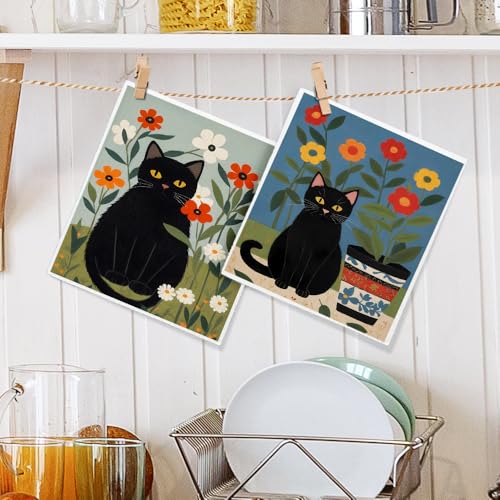 Floral Black Cat Swedish Dishcloths 2 Pack, Reusable Cellulose Sponge Cloths for Kitchen Cleaning, Cute Cat Printed Dish Rags for Kitchen Washing Dishes and Counters