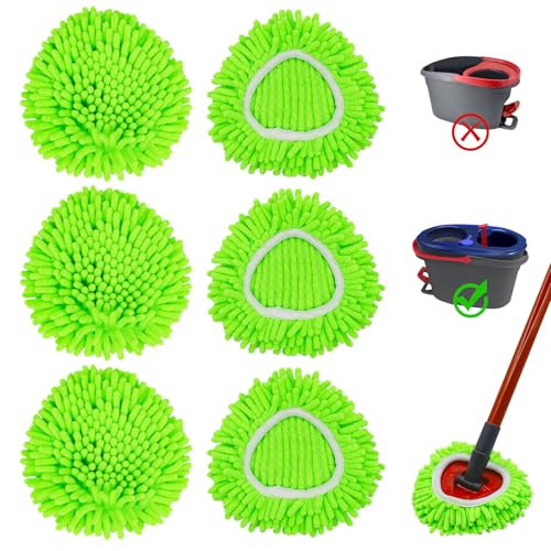 6 Pack Mop Replace Heads Mop Heads Replacements for O-Cedar RinseClean 2-Tank Spin Mop System,Chenille&Microfiber Mop Head Refills for Multi-Surface Floor Dry/Wet Use,Reusable and Washable,Green - size: mini-6pack