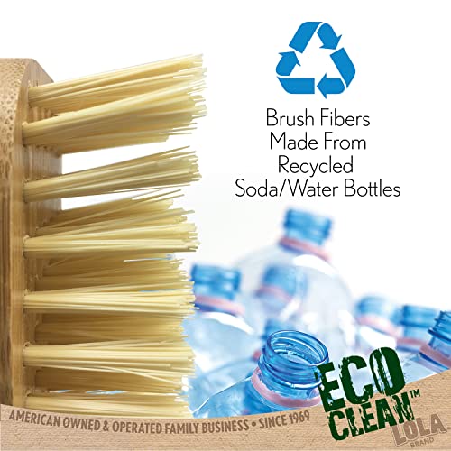 LOLA Bamboo Scrub Brush for Cleaning, Ergonomic Sustainable Durable Poly Bristles Made from Recycled Soda/Water Bottles Easy Hang Hole 1 Count