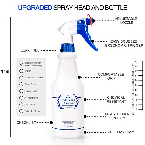 Uineko Plastic Spray Bottle (3 Pack, 24 Oz, 3 Colors) Heavy Duty All-Purpose Empty Spraying Leak Proof Mist Water Bottles for Cleaning Solutions Plants Essential Oils Hair Pet with Adjustable Nozzle - size: 24 Oz, 3 Pack