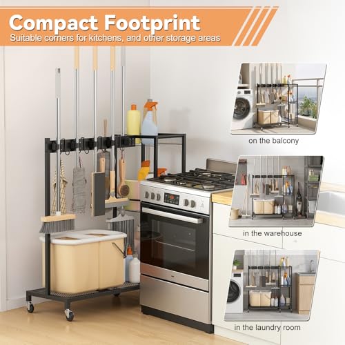 Cleaning Cart on Wheels,Broom Holder with Cleaning Supplies Organizer,10 Grippers, 4 Double-sided Hooks, 3-tier Shelves Broom and Mop Utility Carts for Laundry, Garage, Tool Room Black