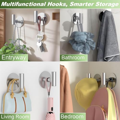 Heavy Duty Self-Adhesive Coat Hooks, Stainless Steel Towel Hooks for Bags, Towels, Robes, Hats, Aprons – No Drill Bathroom, Kitchen, Hotel Wall Hooks (2 Pack, Silver) - color: Silvery, size: Adhesive "T" Shape- 2 Pack