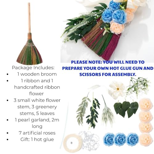 Elegant Wedding Brooms Bride Bridegroom, Jumping The Broom for Wedding, Natural Whisk Broom with Ribbons, Artificial Pearl, Leaves,Roses for Decorative - style: Wedding Décor