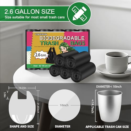 2.6 Gallon Small-Trash-Bag With Handles - Black Bathroom Mini Garbage Bags 100 Count Biodegradable 10 Liter Unscented Little Wastebasket Liners For Car Office Kitchen