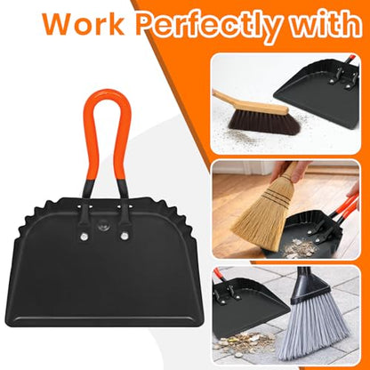 (2PK) Metal Dust Pans Heavy Duty, 12” Outdoor Dustpan with Rubber Handheld Handle, Large Shovel Wide Scoopers for Garage Shop Fireplace Commercial Uses