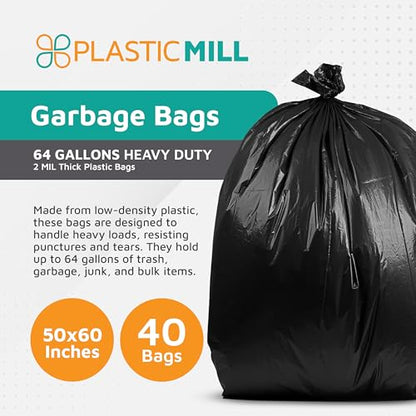 PlasticMill Contractor Bags Heavy Duty - Commercial, Industrial Garbage Bags - Black Construction Trash Bags - Outdoor, Garden Trash Bags, 64-Gallon, 3 Mil, 50"x60" (30-Count) - size: 3 Mil