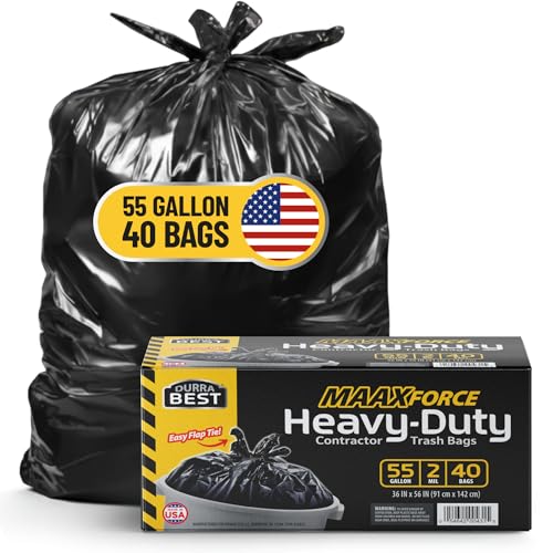 MAAXForce 55 Gallon Contractor Trash Bags with Flap Ties | 2 Mil Heavy-Duty Black Garbage Bags | Leak-Proof & Puncture-Resistant | Made in USA | 36" x 56" Large Construction & Yard Bags (40-Count) - style: Flap Tie