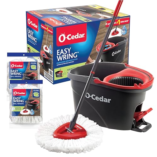 O-Cedar EasyWring Microfiber Spin Mop & Bucket Floor Cleaning System + 2 Extra Refills, Red/Gray - style: Spin Mop & Bucket with 2 Extra Refills