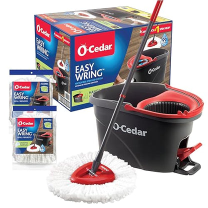 O-Cedar EasyWring Microfiber Spin Mop & Bucket Floor Cleaning System + 2 Extra Refills, Red/Gray - style: Spin Mop & Bucket with 2 Extra Refills