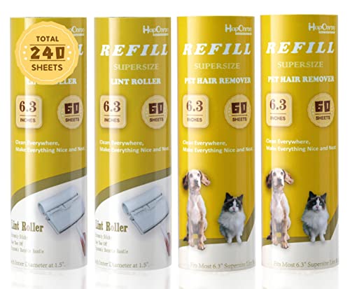 Large Surface Lint Roller Extra Sticky Refills, Total 240 Easy Tear Sheets, Insert Tube Measures 1.5" and Fits Most Supersize 6.3'' Wider Lint Roller, Works Great On Pet Hair(Pack of 4) - size: 6.3" / 240 Sheets