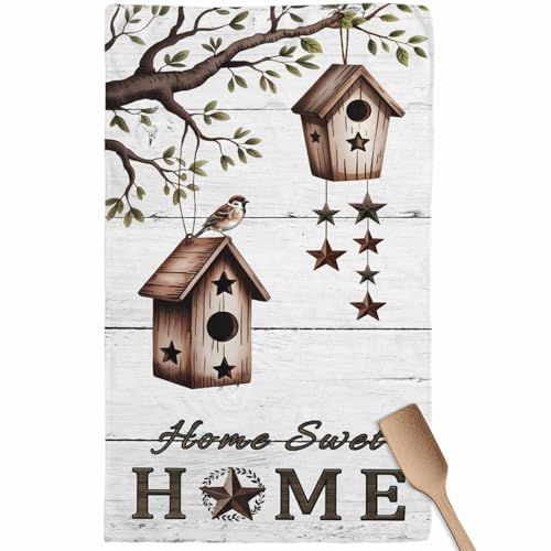 Bird Houses Kitchen Towels Set of 1 Sparrows Home Sweet Branch Star White Wood Grain Decorative Dish Towels Ultra Soft Microfiber Absorbent Reusable Dishcloths for Kitchen Drying, 18x28 Inch - size: 28" x 18" (Pack of 1)